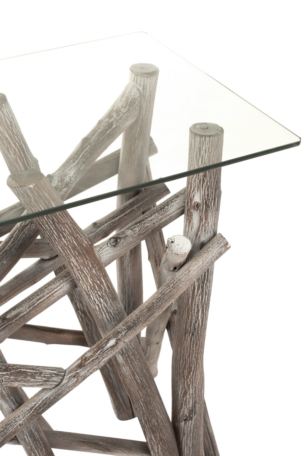 Console rectangulaire SEVA verre piètement branches bois grisé